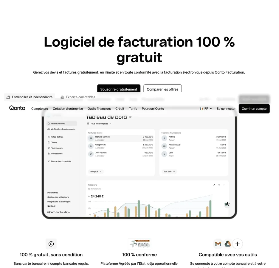 Page de l’offre Qonto Facturation : logiciel de facturation 100 % gratuit, devis et factures en illimité