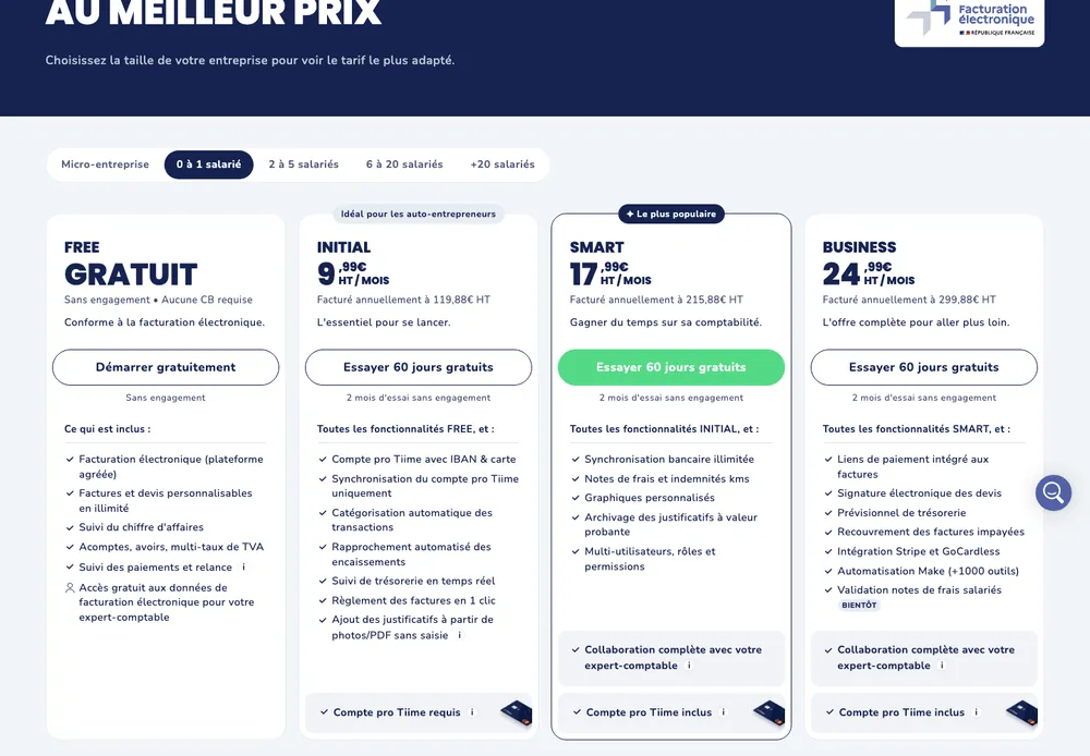 Grille tarifaire Tiime : offre FREE gratuite, INITIAL à 9,99 € HT par mois, SMART et BUSINESS facturés annuellement