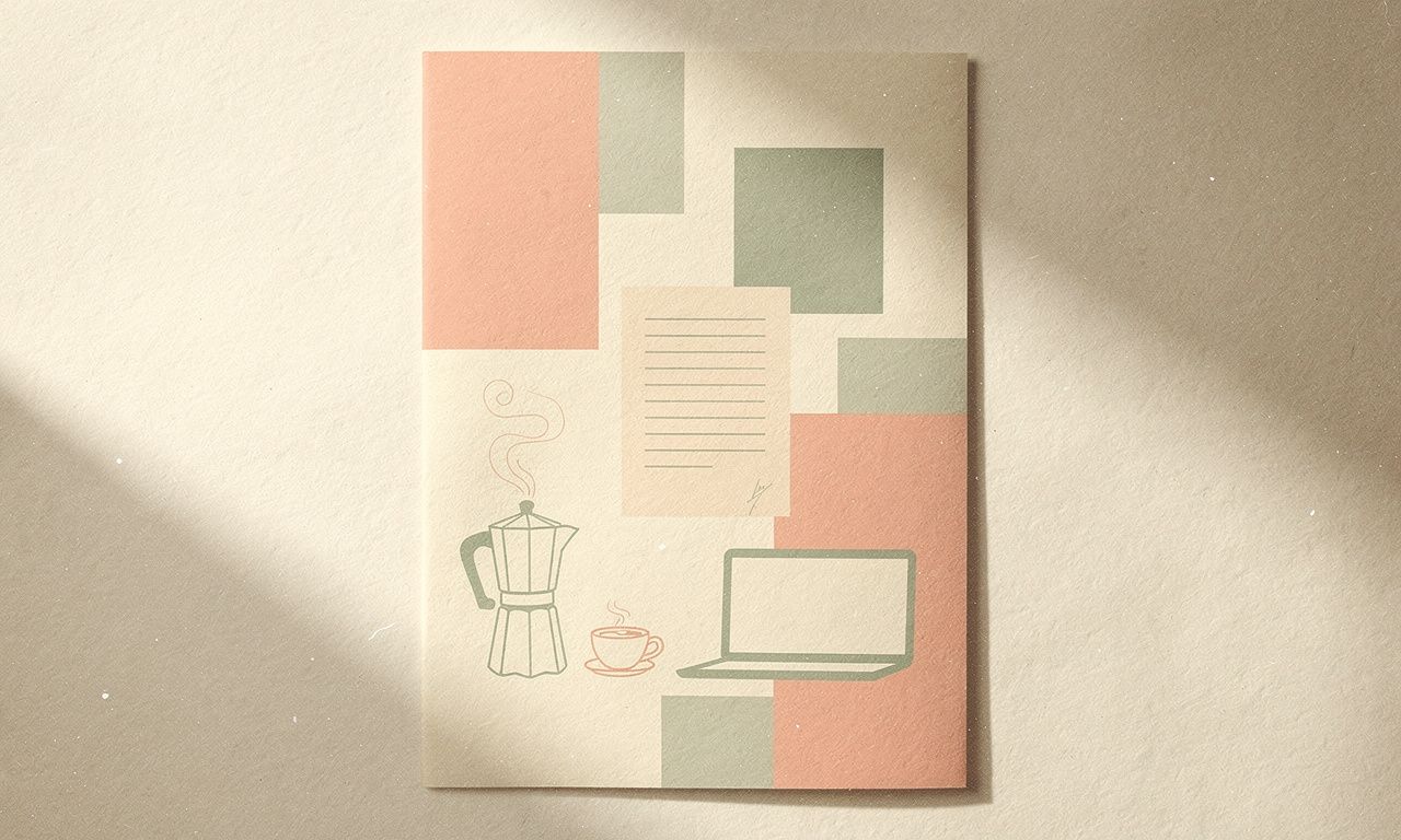 Composition éditoriale d'un poste de travail freelance auto-entrepreneur : carnet, cafetière et ordinateur portable