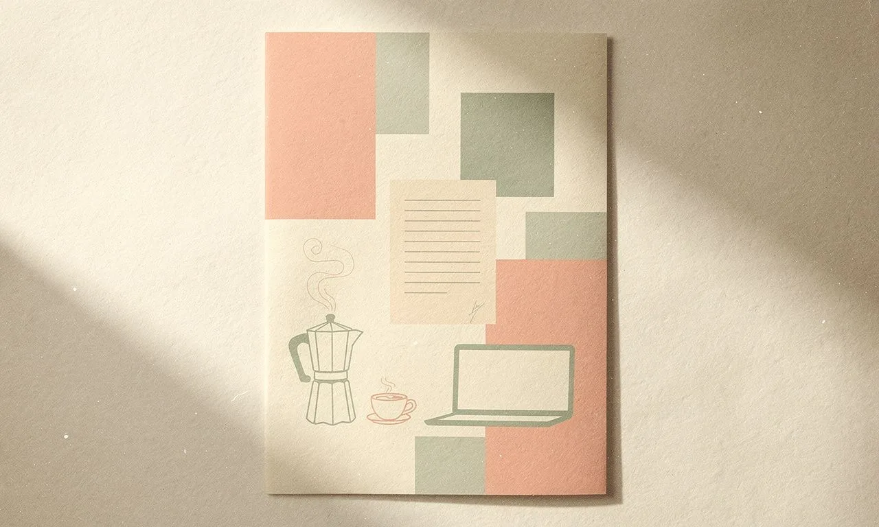 Composition éditoriale d'un poste de travail freelance auto-entrepreneur : carnet, cafetière et ordinateur portable